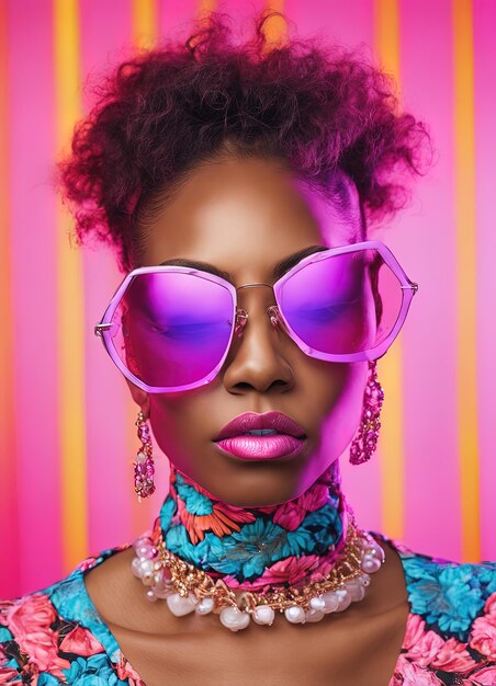 schöne afroamerikanische Frau mit bunter Sonnenbrille, Mode, Schönheit, Frisur, Makeupbeauti