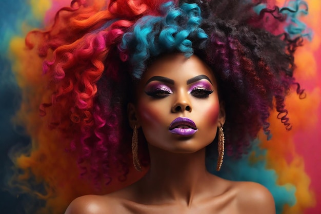 Schöne afroamerikanische Frau mit kreativer Frisur und hellem Make-up