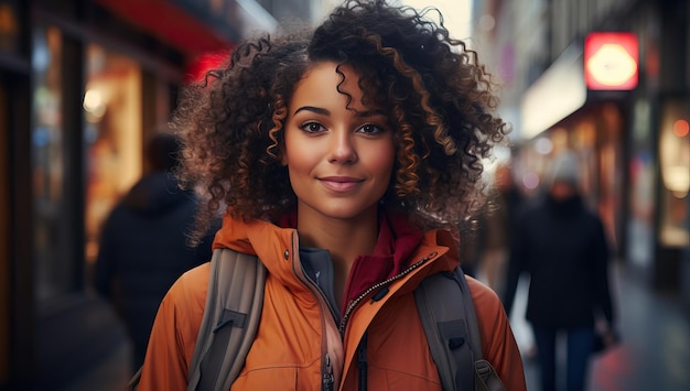 Schöne afroamerikanische Frau mit lockigem Haar, die durch die Stadt spaziert