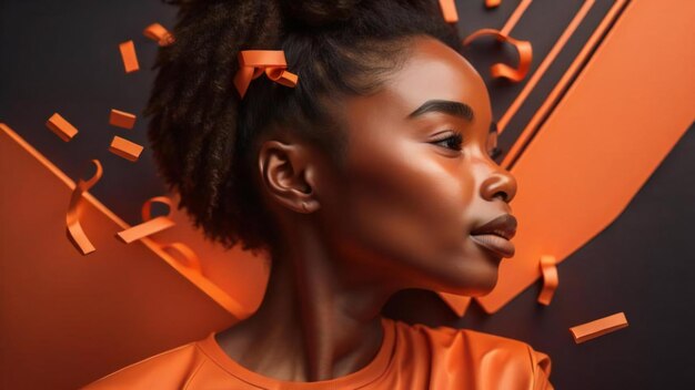 Schöne afroamerikanische Frau mit lockigem Haar in orange generativer Ai