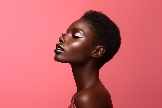 Schöne afroamerikanische Frau mit perfekter Haut auf rosa Hintergrund