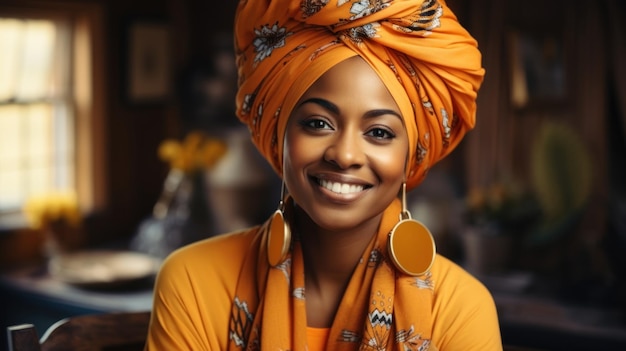 Schöne afroamerikanische Frau mit Turban auf dem Kopf. Generative KI