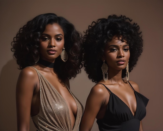 Schöne afroamerikanische Frauen in Abendkleidungen posieren im Studio ai generative