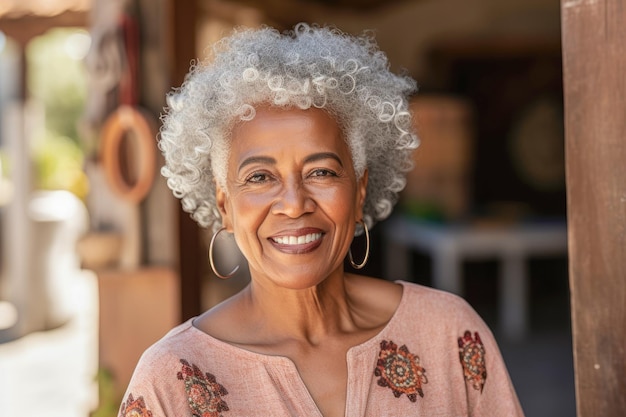 Schöne afroamerikanische oder schwarze Frau Ende fünfzig, die lächelt und Wärme ausstrahlt