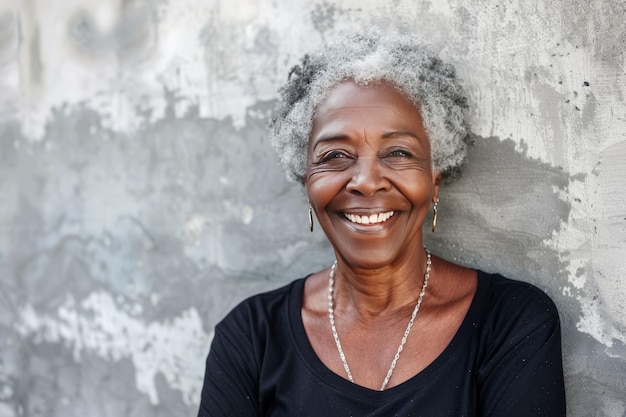 Schöne afroamerikanische reife Frau, 60 bis 70 Jahre alt, lächelnd auf grauem Hintergrund