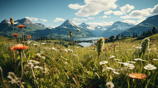 Schöne Alpenwiese mit Blumen und Bergen im Hintergrund