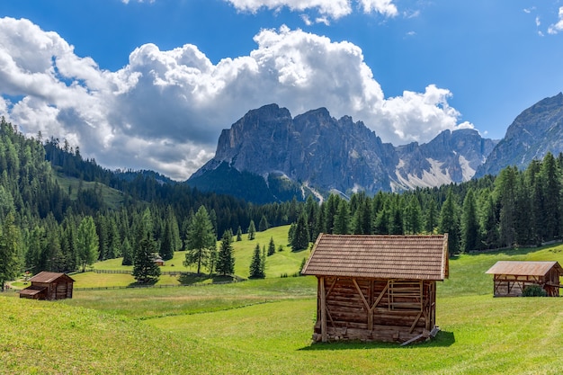 Schöne alpine Landschaft mit frisch geschnittenen Wiesen auf einem Hintergrund der italienischen Dolomitenberge.