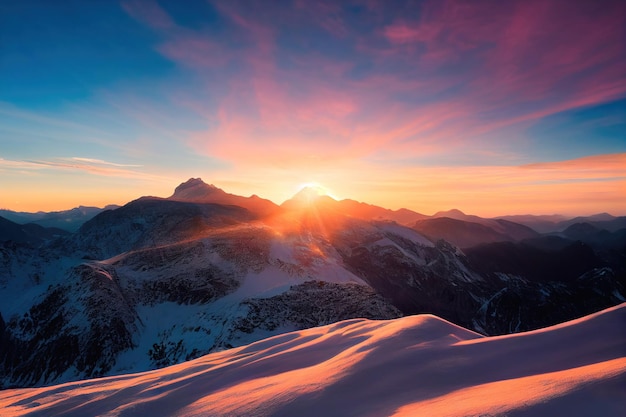 Schöne alte Berge bei Sonnenuntergang in der Abendsonne und im Nebel