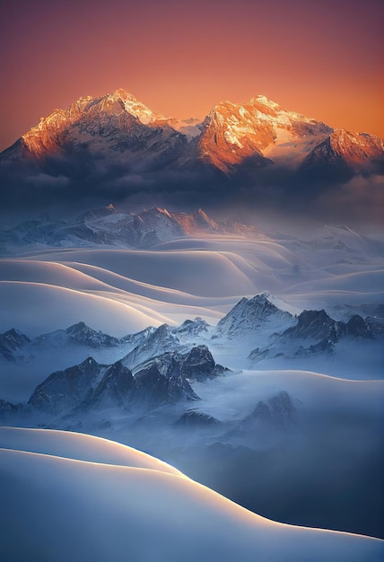 Schöne alte Berge bei Sonnenuntergang in der Abendsonne und im Nebel