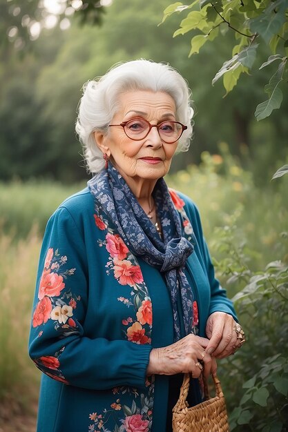 Schöne alte Frau im Freien, modische Dame