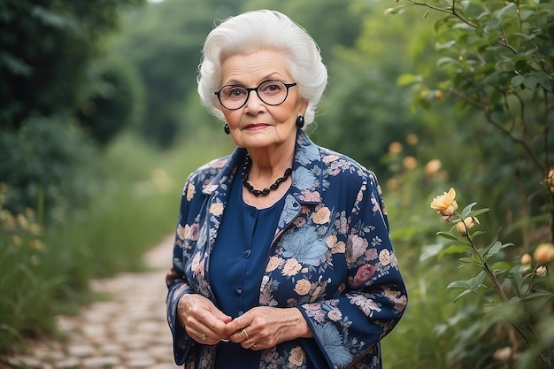 Schöne alte Frau im Freien, modische Dame