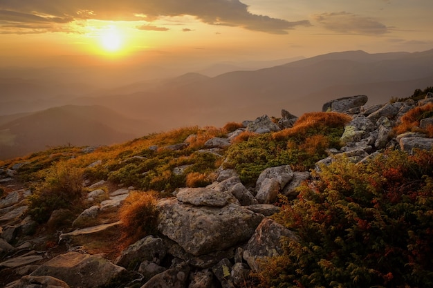 Schöne Ansicht der Berglandschaft auf Sonnenuntergang mit Felsen auf Vordergrund im Herbst Karpatengebirge