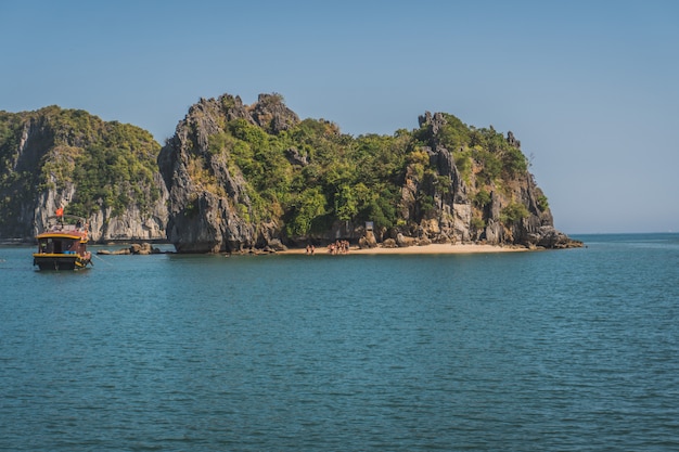 Schöne Ansicht der Felseninsel in der Halong-Bucht, Vietnam.