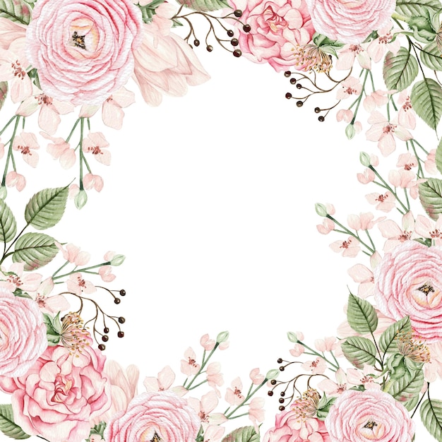 Schöne Aquarell-Hochzeitskarte mit rosa Frühlingsblumen und Knospen. Illustration