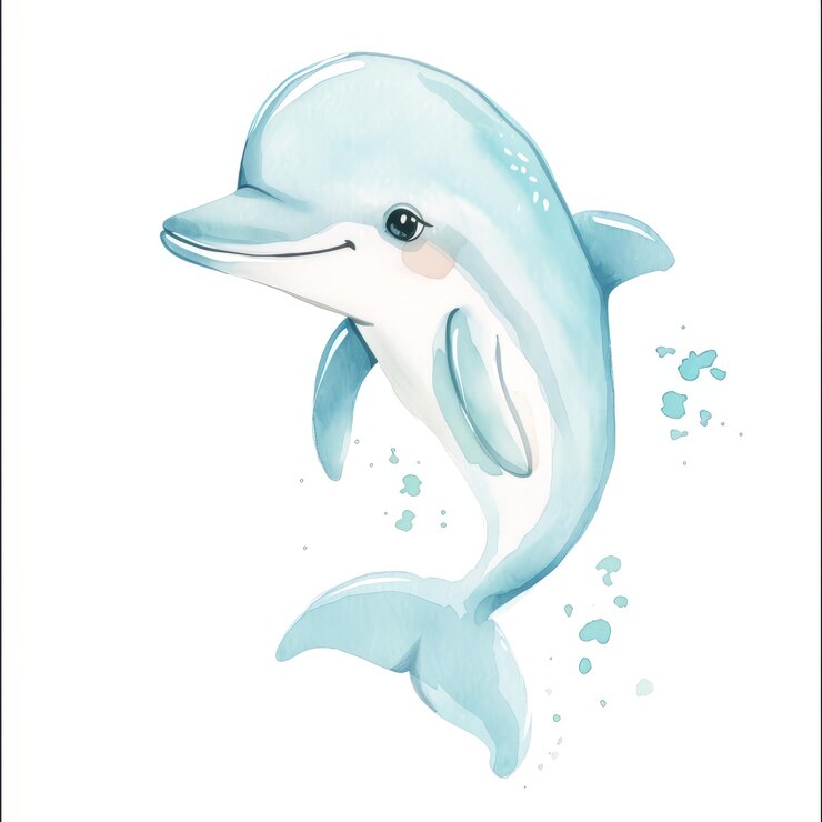 Foto schöne aquarell-illustration eines hübschen zeichentrickdelphins in weißlichblau
