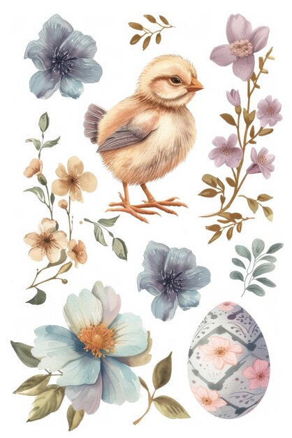 Schöne Aquarell-Vektor-Illustration Osternküken und Ostereier mit pastellfarbenen Blumen im weißen b