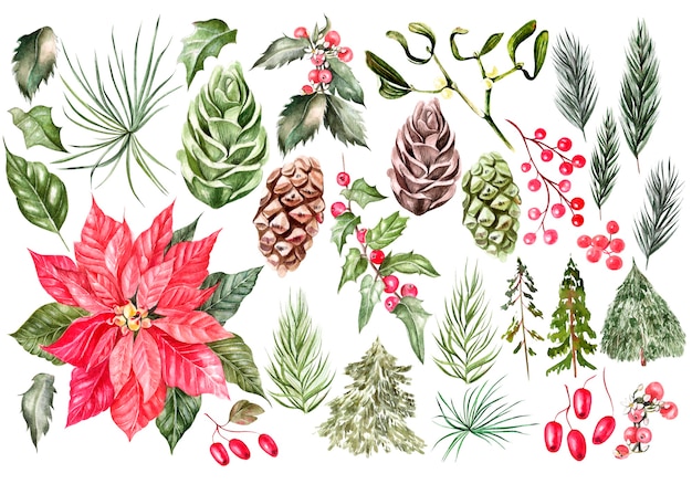 Schöne Aquarell Weihnachtskarte mit Weihnachtsgeschenken, Spielzeug, Ornamenten. Ein Weihnachtsbaum und Zapfen.