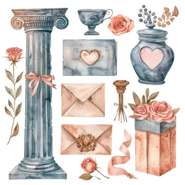 Schöne Aquarelle Hochzeits-Clipart-Set Sammlung von wunderschönen Hochzeitselementen Liebe Pastellfarben