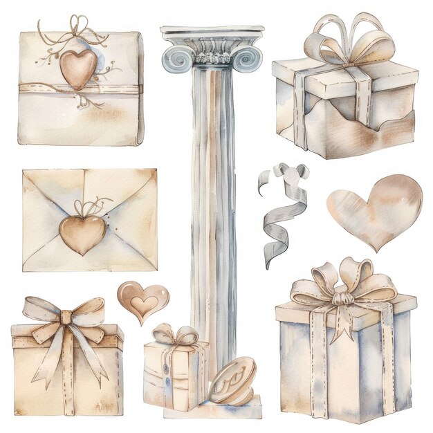 Schöne Aquarelle Hochzeits-Clipart-Set Sammlung von wunderschönen Hochzeitselementen Liebe Pastellfarben