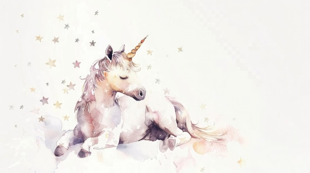 Schöne Aquarelle, kleines Einhorn mit Sternen auf weißem Hintergrund