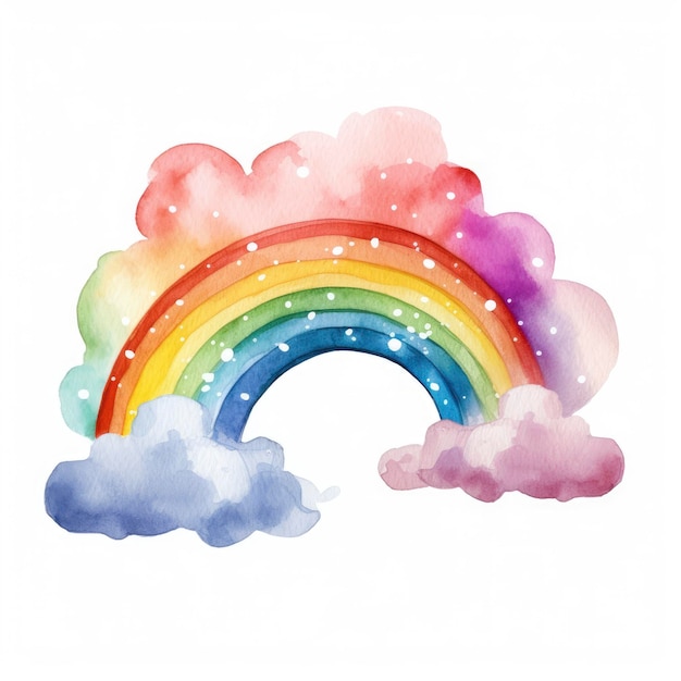 Schöne Aquarelle Regenbogen mit Wolken Clipart Weiß