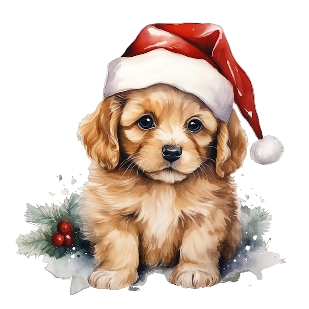 Schöne Aquarelle, süßer Hund zu Weihnachten mit einer Weihnachtshut-Illustration für Weihnachte