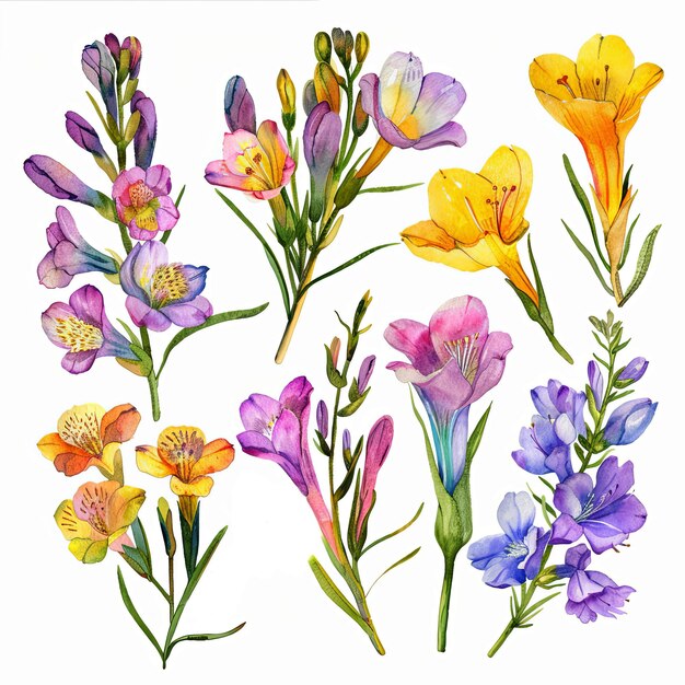 Schöne Aquarellillustrationen von Freesias in zarten Pasteltönen, perfekt für die Erstellung eleganter Blumenarrangements, Hochzeitsbriefe und digitaler Kunstwerke