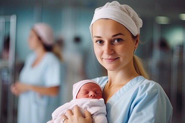 Schöne Arztin oder Krankenschwester hält ein kleines Neugeborenes im Krankenhaus