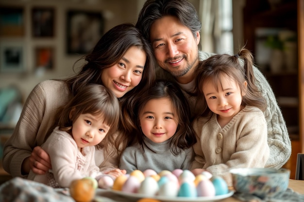Schöne asiatische Familie malt Ostereier zu Hause Kinder und Eltern bereiten sich auf Ostern vor