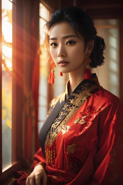 schöne asiatische Frau in einem luxuriösen traditionellen Kleid