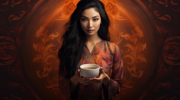 schöne asiatische Frau in einer Kaffeetasse mit Tee