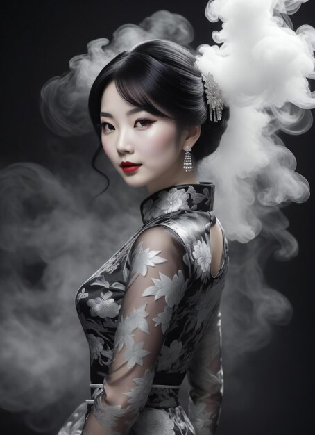 Schöne asiatische Frau in Kimono mit Rauch auf schwarzem Hintergrund