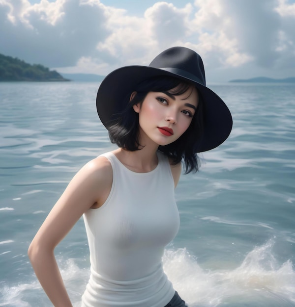 Schöne asiatische Frau in weißem Hemd und Hut am Strand