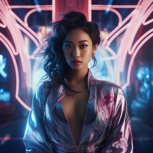 Schöne asiatische Frau mit einem hohen Sinn für Mode steht in einem Raum mit Neonröhrenlicht