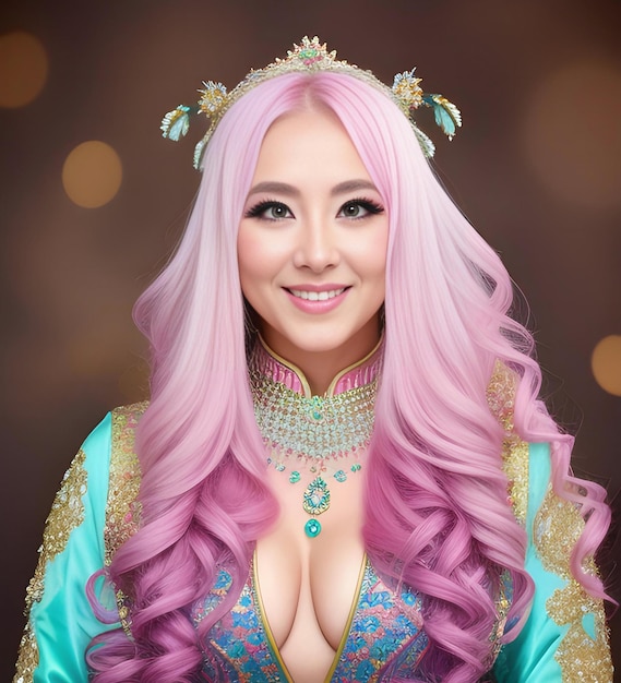 Schöne asiatische Frau mit langen rosa Haaren im traditionellen Kostüm