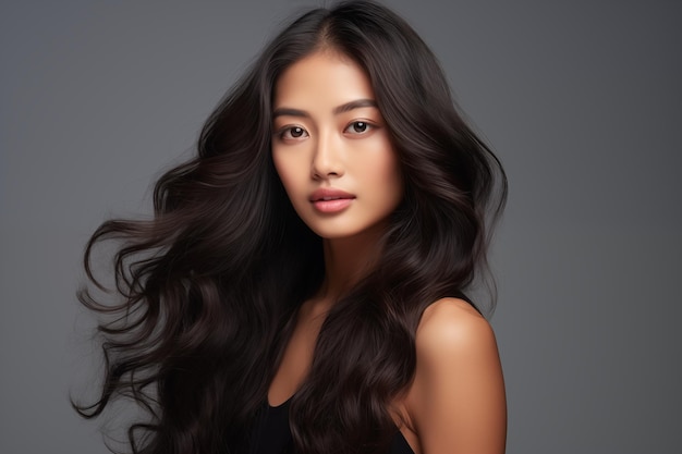 Schöne asiatische Frau mit langen und glänzenden welligen Haaren, die auf dem grauen Hintergrund in die Kamera schaut