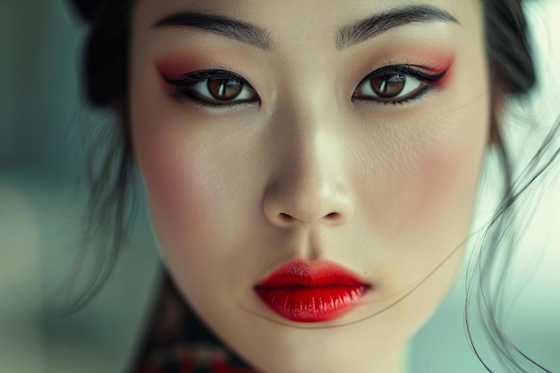 Schöne asiatische Frau mit Make-up-Werkzeugen