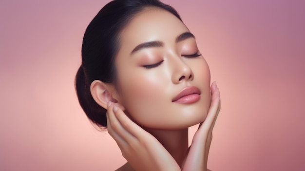 Schöne asiatische Frau mit sauberer, frischer Haut berührt ihr eigenes Gesicht.