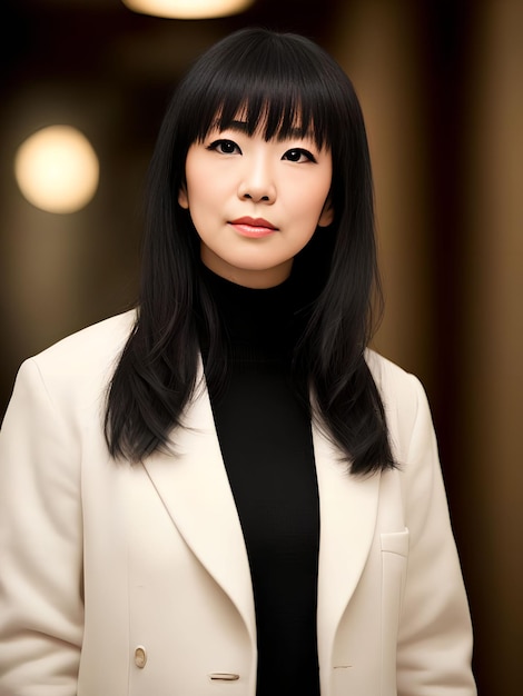 Schöne asiatische Frau mittleren Alters, die für ein Foto in einem Apartmenthaus mit generativer Kunst von AI postet