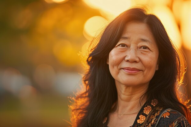 Schöne asiatische Frau mittleren Alters, Goldene Stunde, Nahaufnahmeporträt