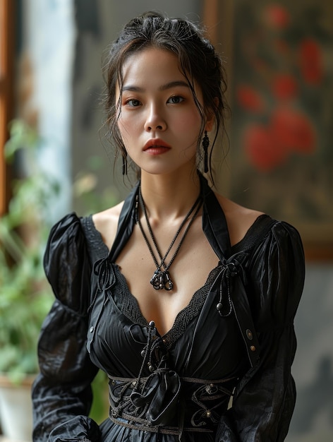 Schöne asiatische Frau posiert in schwarzer Kleidung im Freien