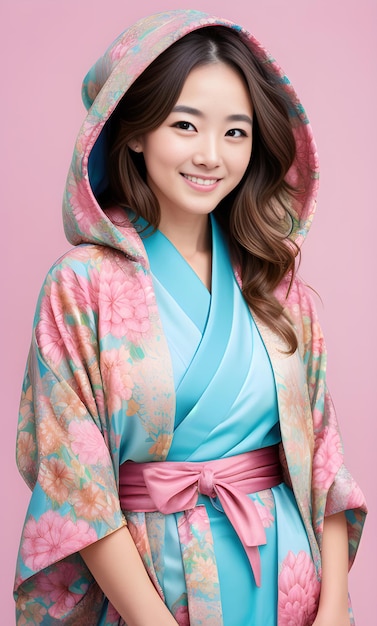 Schöne asiatische Frau trägt Kimono und lächelt auf rosa Hintergrund