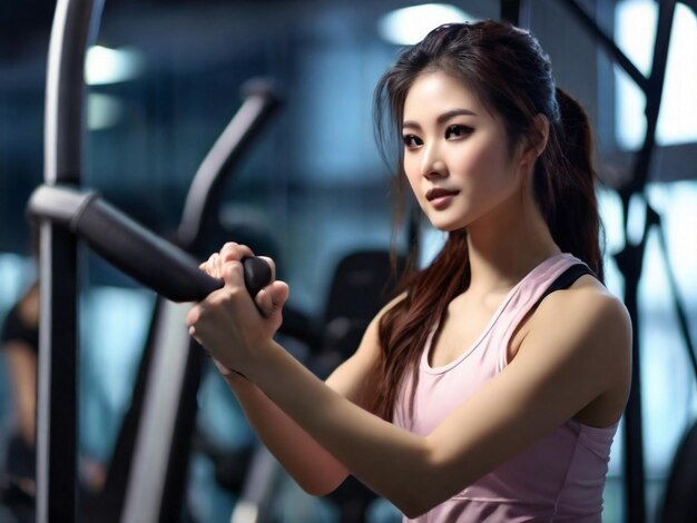 Schöne asiatische Frau trainiert im Fitnessstudio, bricht ab und entspannt sich