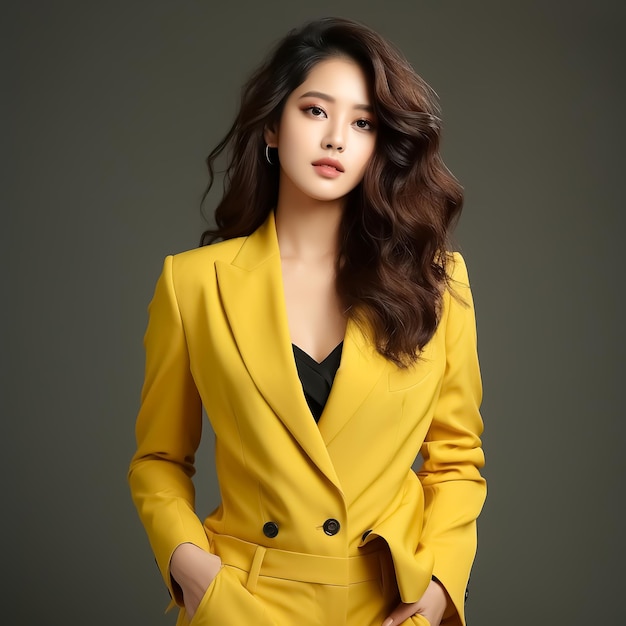 Schöne asiatische Geschäftsfrau im Anzug lächelt und sieht professionell in die Kamera aus