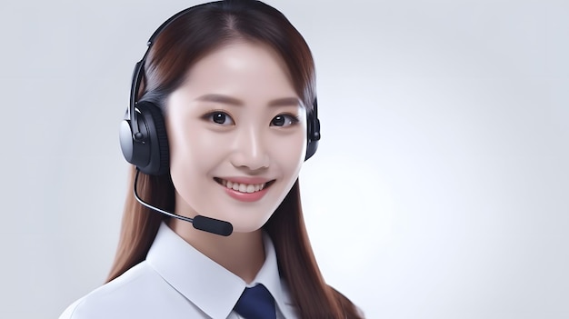 Schöne asiatische junge Callcenter-Betreiberin mit Kopfhörern und Mikrofon