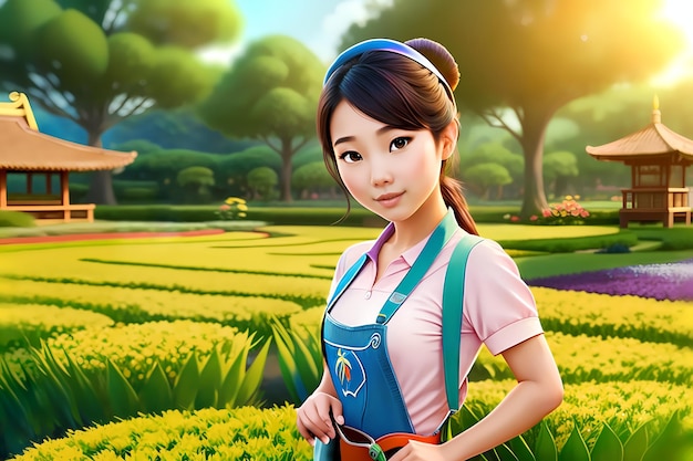 Foto schöne asiatische junge frau, die ein gärtnermädchen bearbeitet, das blumen ai pflanzt