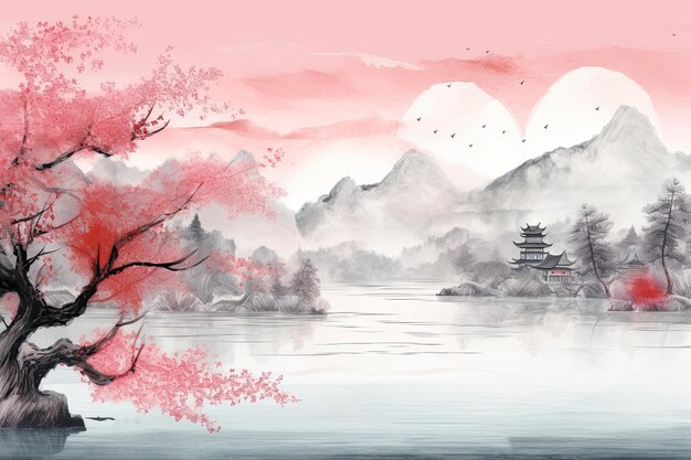 Schöne asiatische Landschaft Akvarellkunststil Tapetenhintergrund