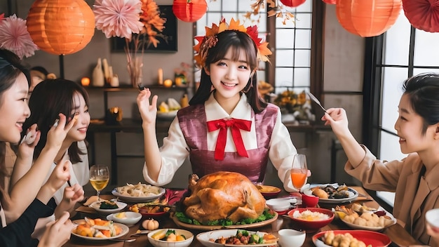 Schöne asiatische Mädchen im Hintergrund der Thanksgiving Party
