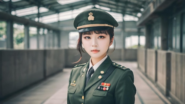 Schöne asiatische Mädchen in Militäranzug Hintergrund