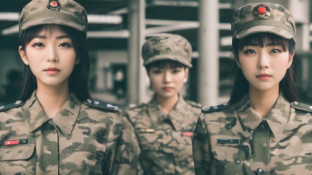 Foto schöne asiatische mädchen in militäranzug hintergrund